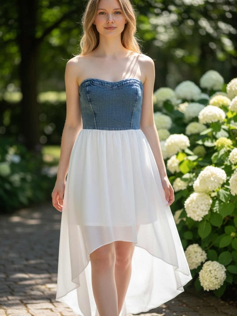 Charlotte Russe Denim Corset with White High-Low Skirt